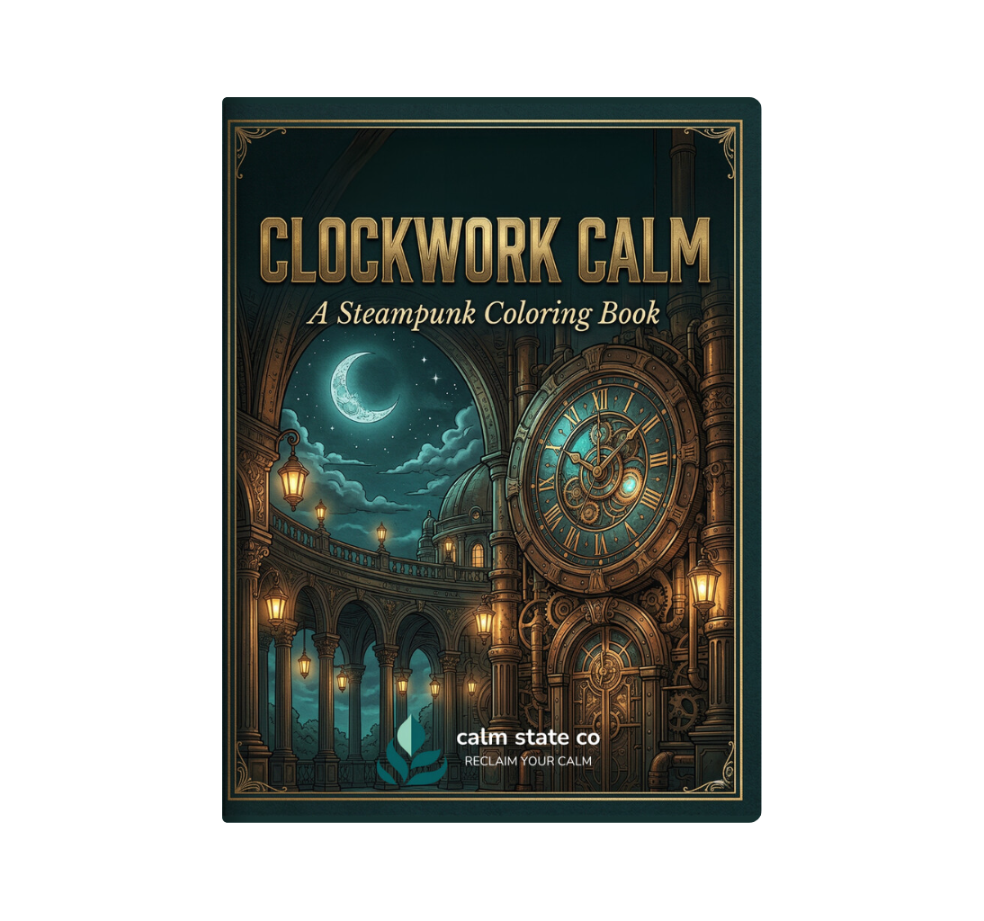 Clockwork Calm — a steampunk coloring book cover